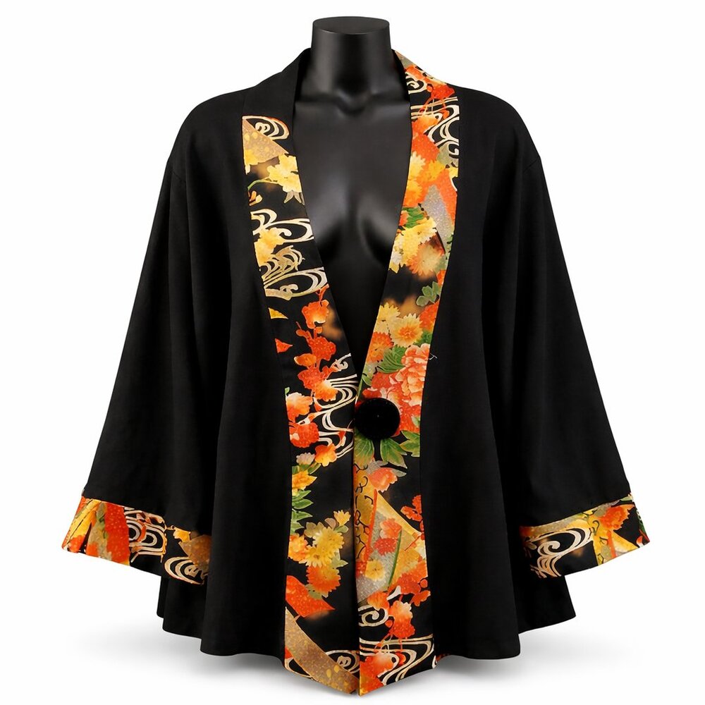 Soft Surroundings Kimono Jacket Black Floral Trim Asian 1-Button Women’s M
